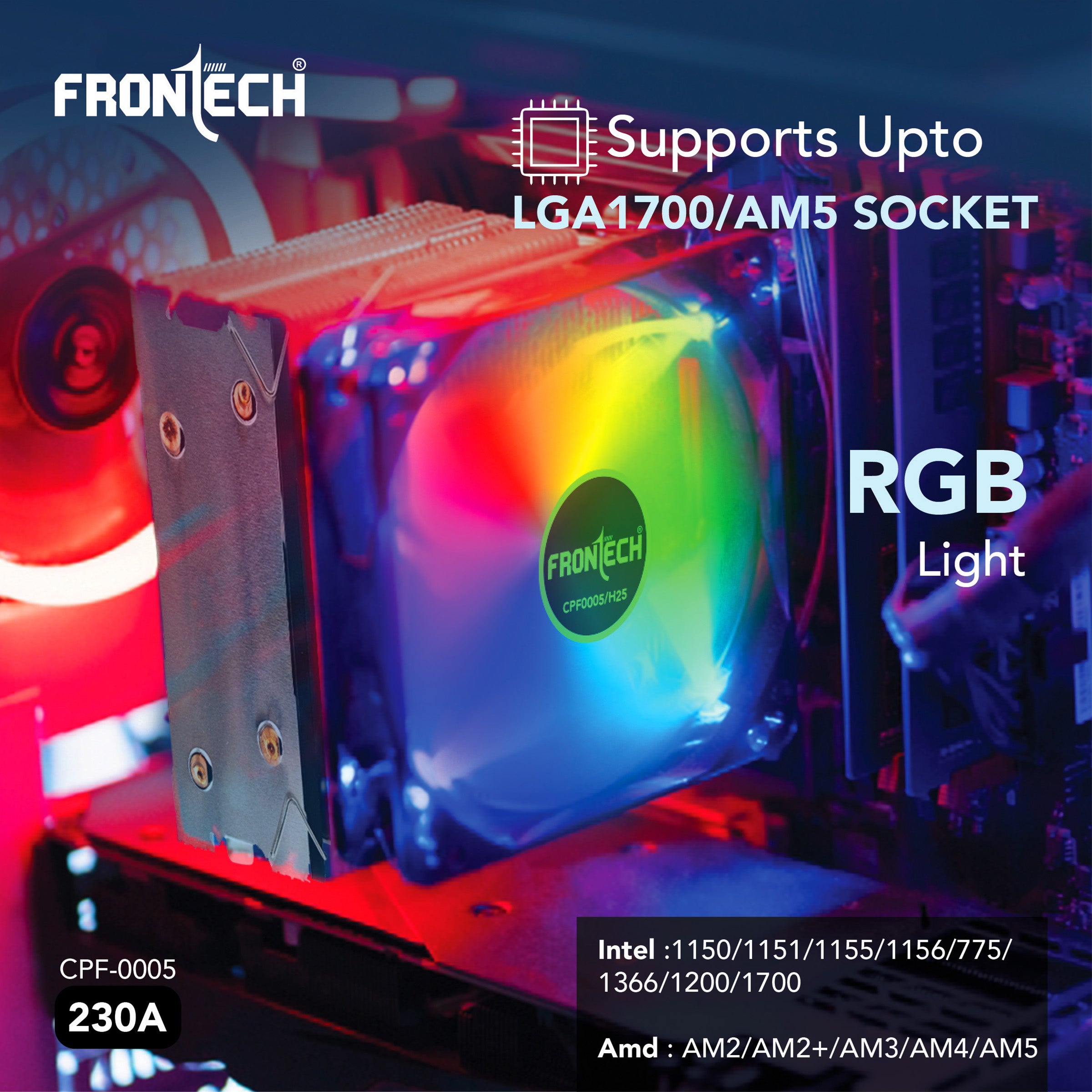 Frontech CPU Air Cooler with RGB Fan | 90mm 1800 RPM | Dual Copper Heat Pipes | Silent Operation | Intel LGA1700/1200/115x & AMD AM5/AM4/AM3 Compatible | Easy Installation | 3-Pin Connector (CPF-0005) Frontech CPU Air Cooler with RGB Fan | 90mm 1800 RPM | Dual Copper Heat Pipes | Silent Operation | Intel LGA1700/1200/115x & AMD AM5/AM4/AM3 Compatible | Easy Installation | 3-Pin Connector (CPF-0005)